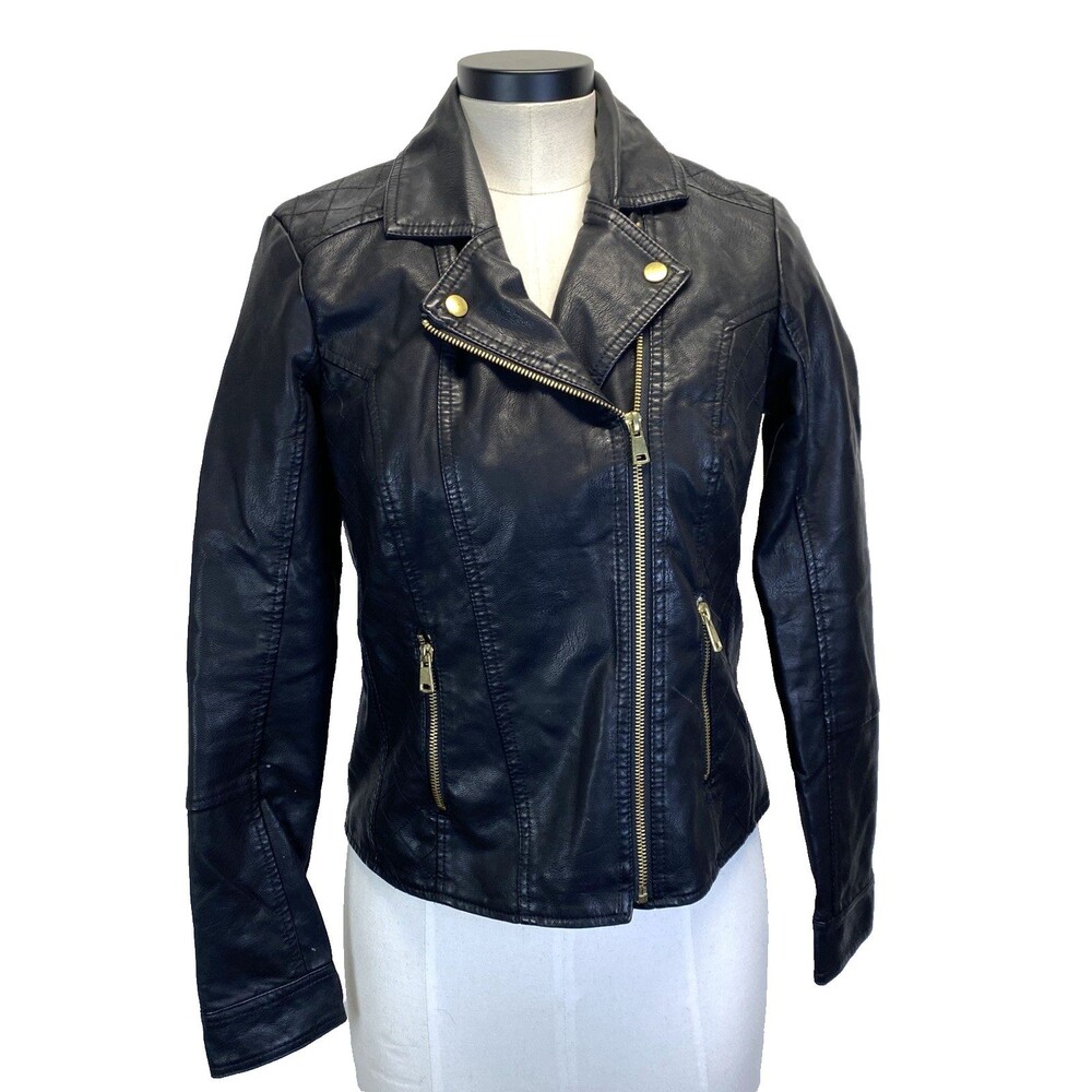 Baccini Faux Leather Jacket Women's Size PS Black Quilted Pockets Gold Zip Lined